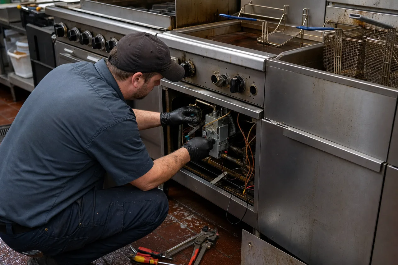Technician servicing a commercial fryer and range line