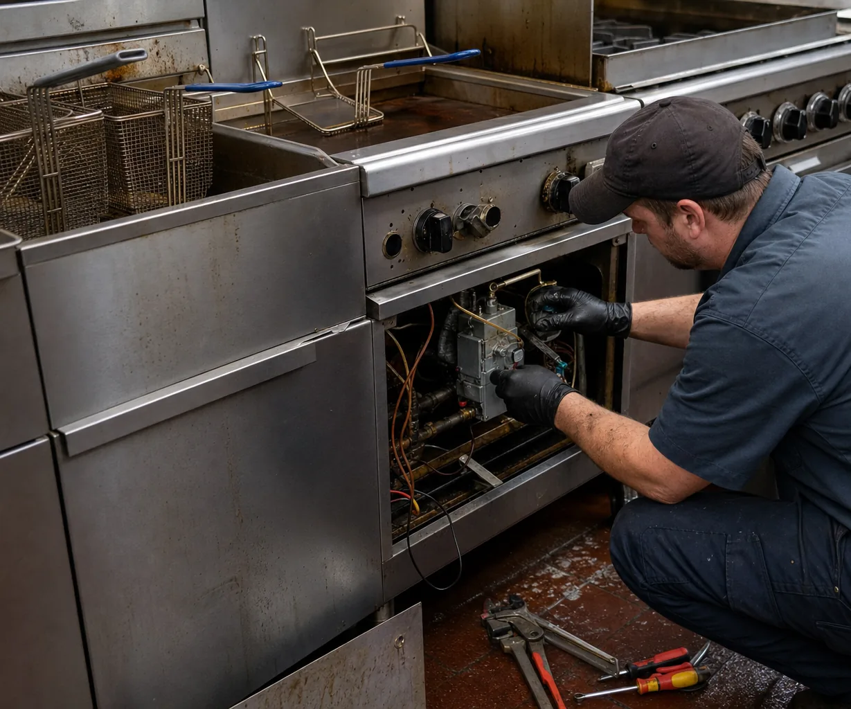 Technician servicing a commercial fryer and range line on an emergency call