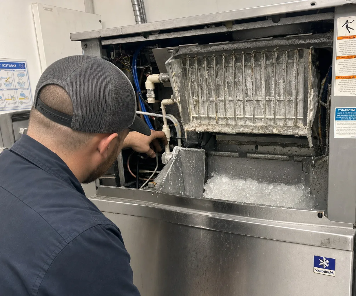 Technician servicing a commercial ice machine in a Bergen County kitchen