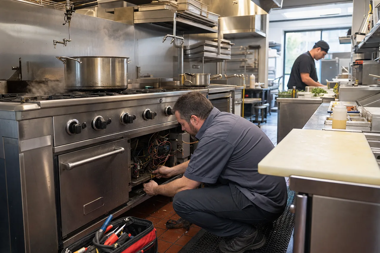 A stainless commercial kitchen line in a Bergen County kitchen