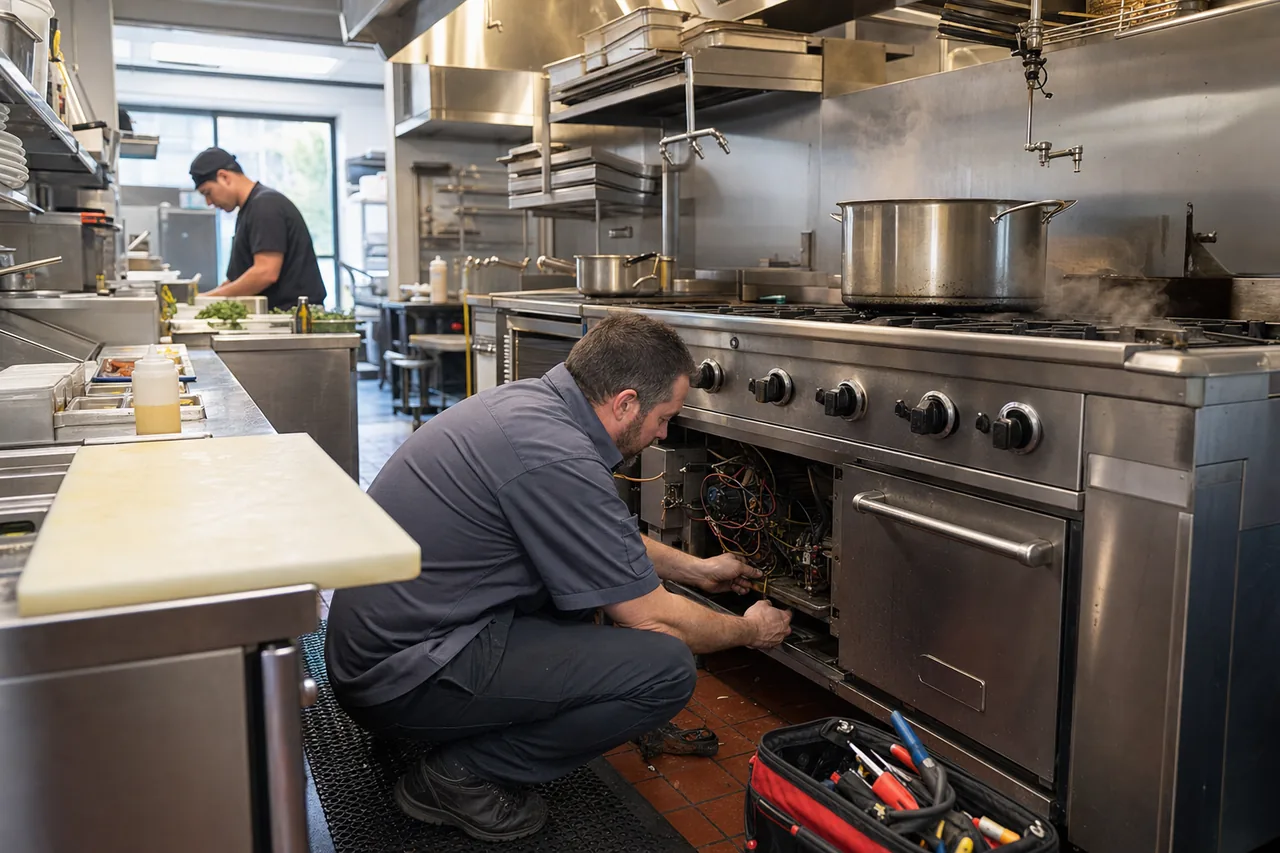 A stainless commercial kitchen line up close