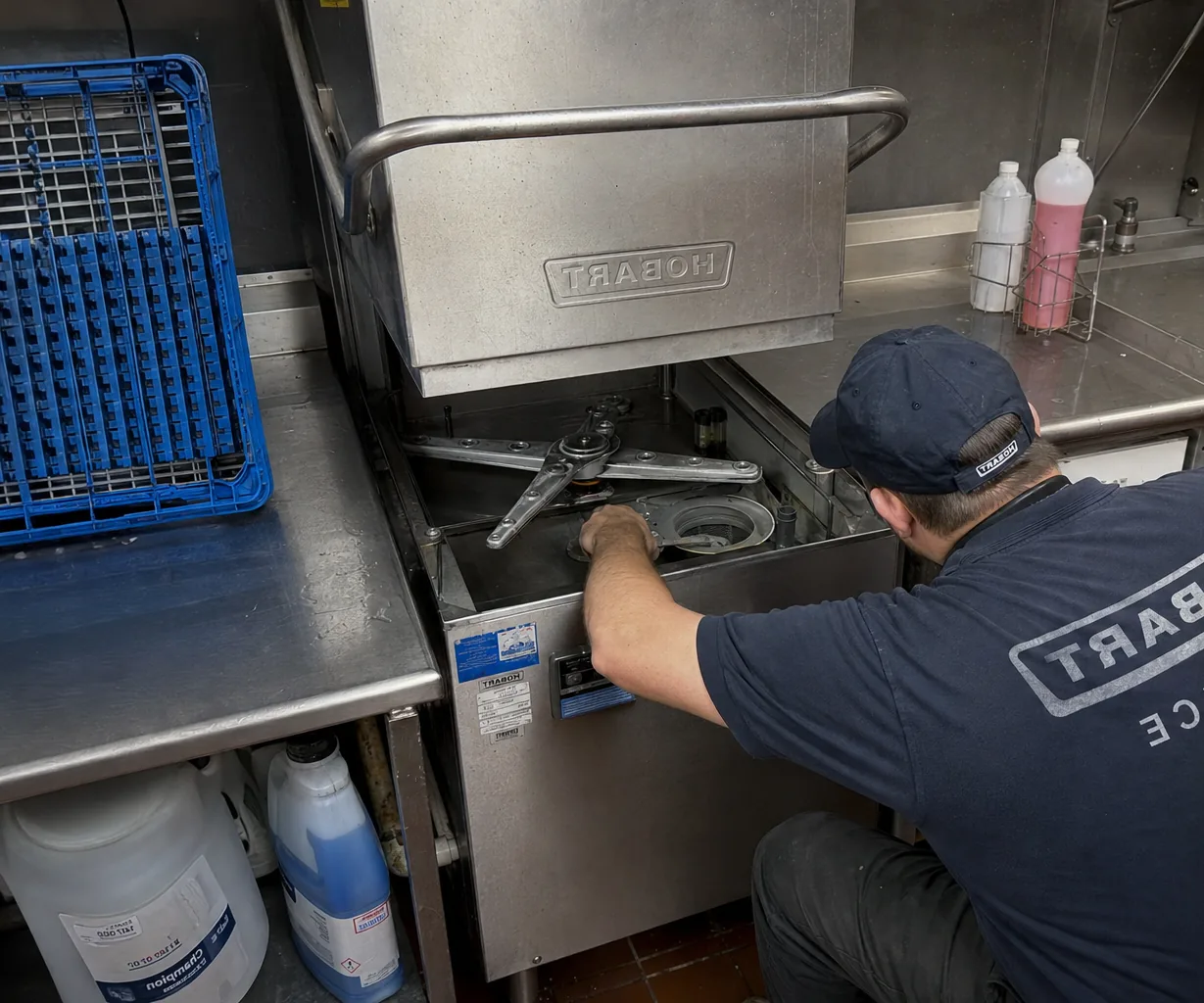 Technician servicing a commercial dish machine mid-repair