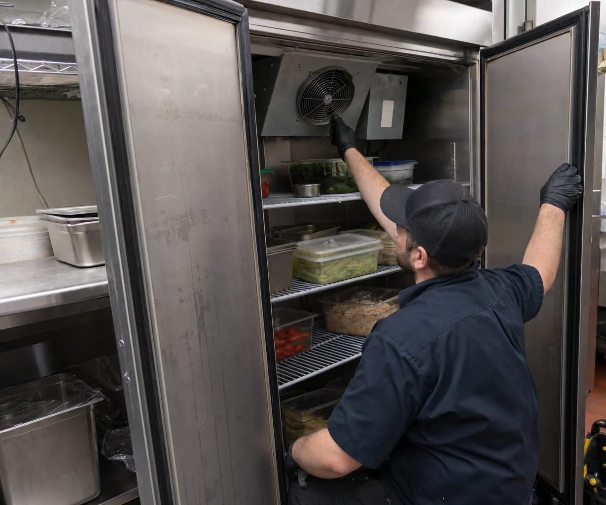 Technician servicing a commercial reach-in refrigerator in a Bergen County kitchen