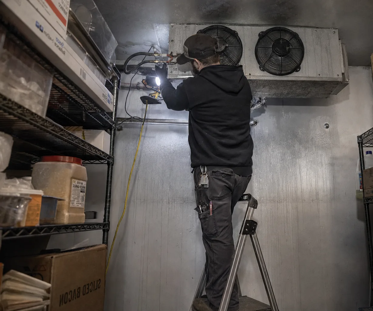 Technician servicing a walk-in cooler on an emergency call